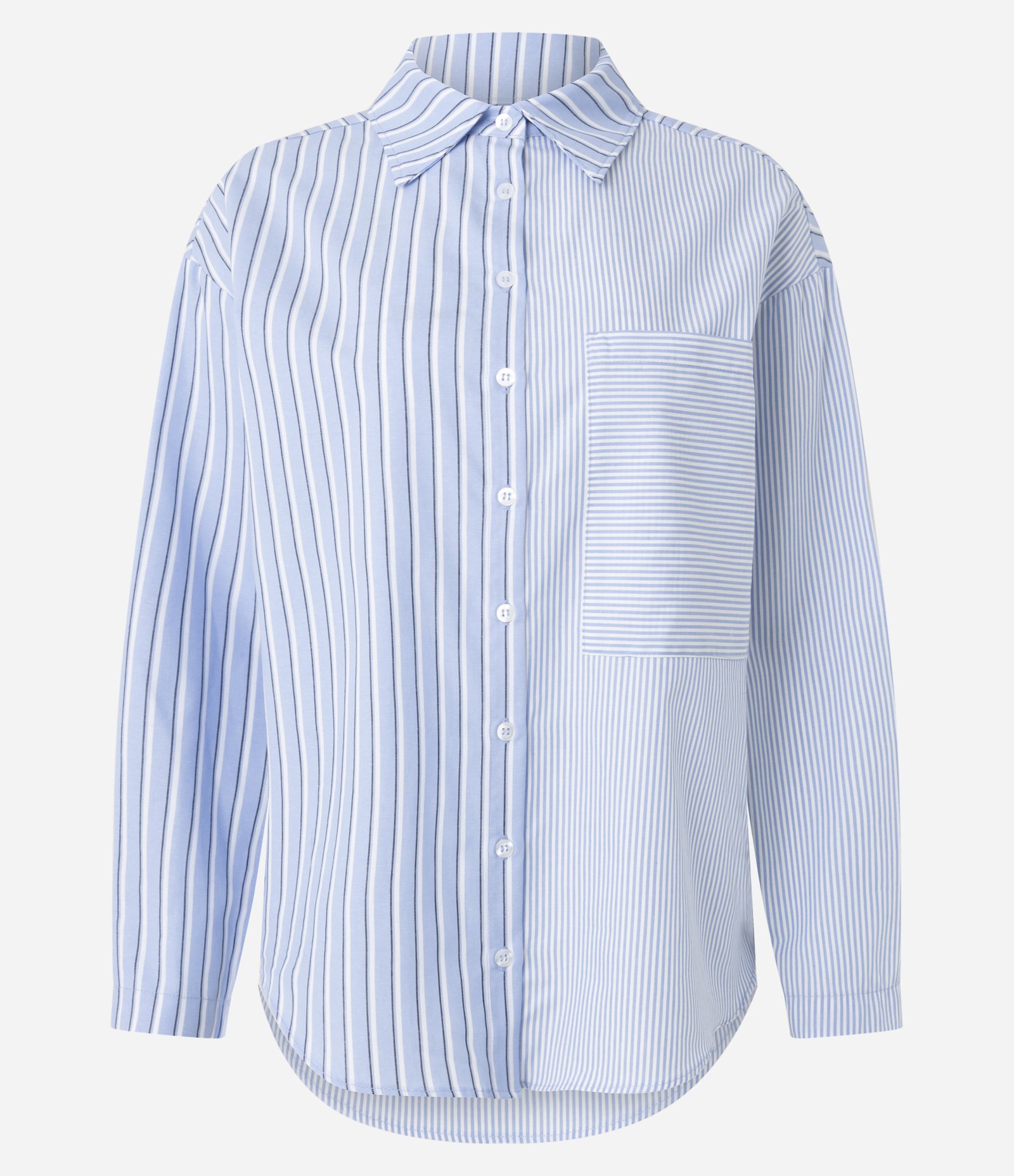 Camisa Oversized em Tricoline com Listras Meio a Meio e Bolso Unilateral Azul 1