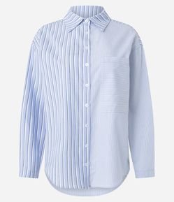 Camisa Oversized em Tricoline com Listras Meio a Meio e Bolso Unilateral