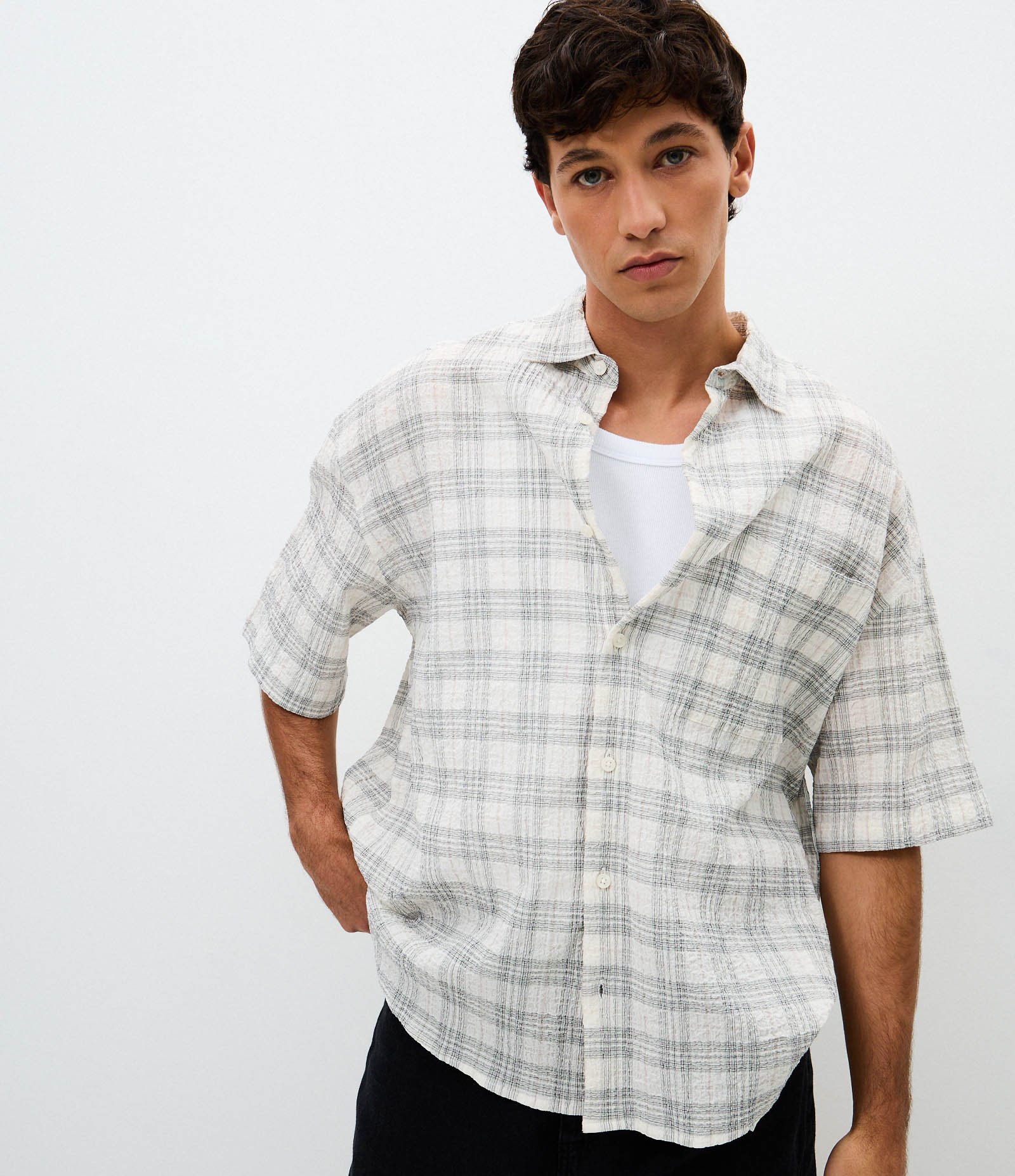 Camisa Boxy em Algodão com Estampa Xadrez Off White 1