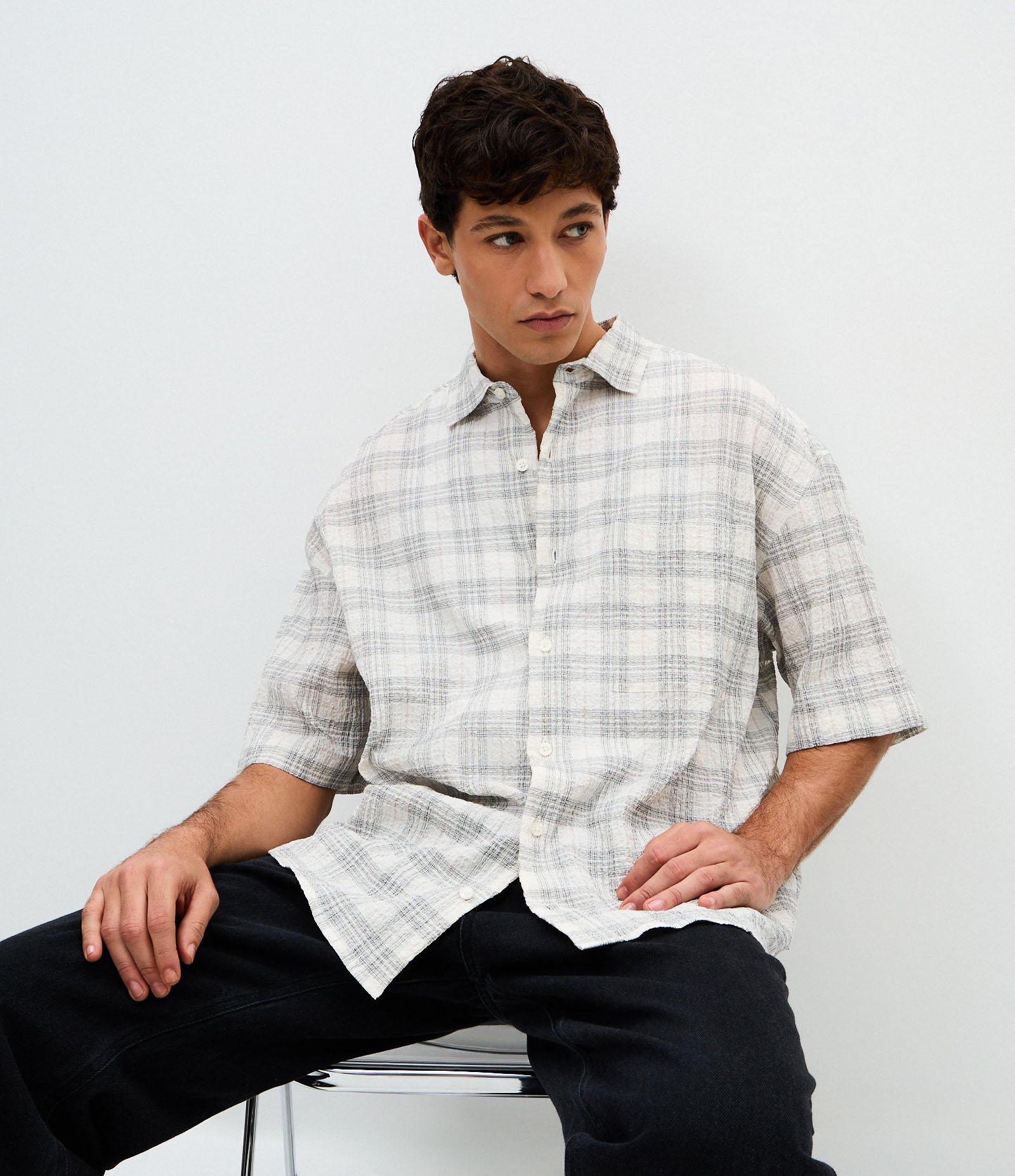 Camisa Boxy em Algodão com Estampa Xadrez Off White 3