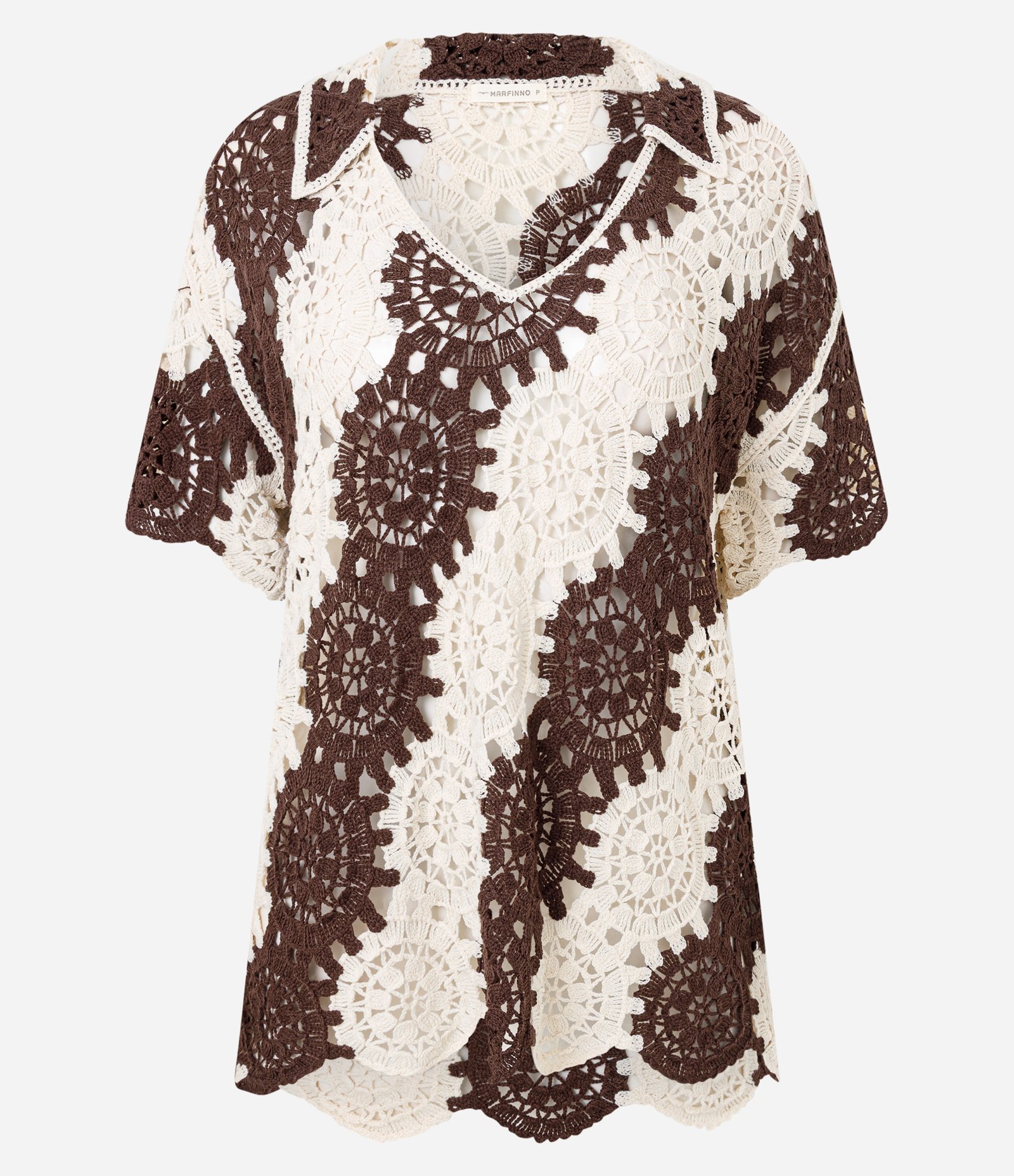 Blusa Alongada de Tricô com Mix em Pontos Efeito Crochê Marrom 6