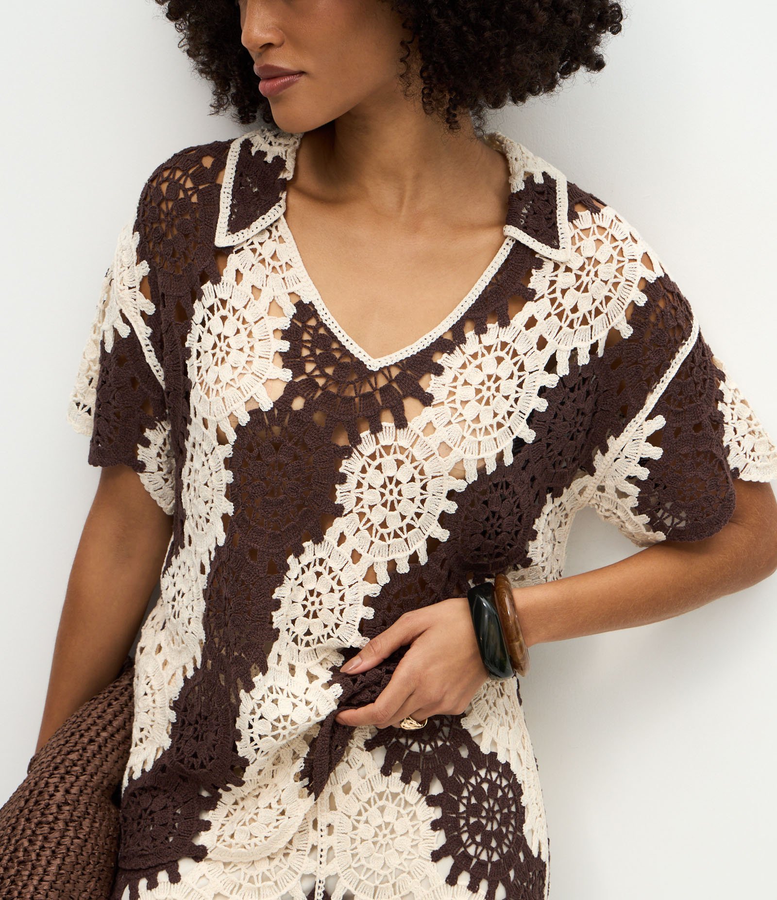 Blusa Alongada de Tricô com Mix em Pontos Efeito Crochê Marrom 3