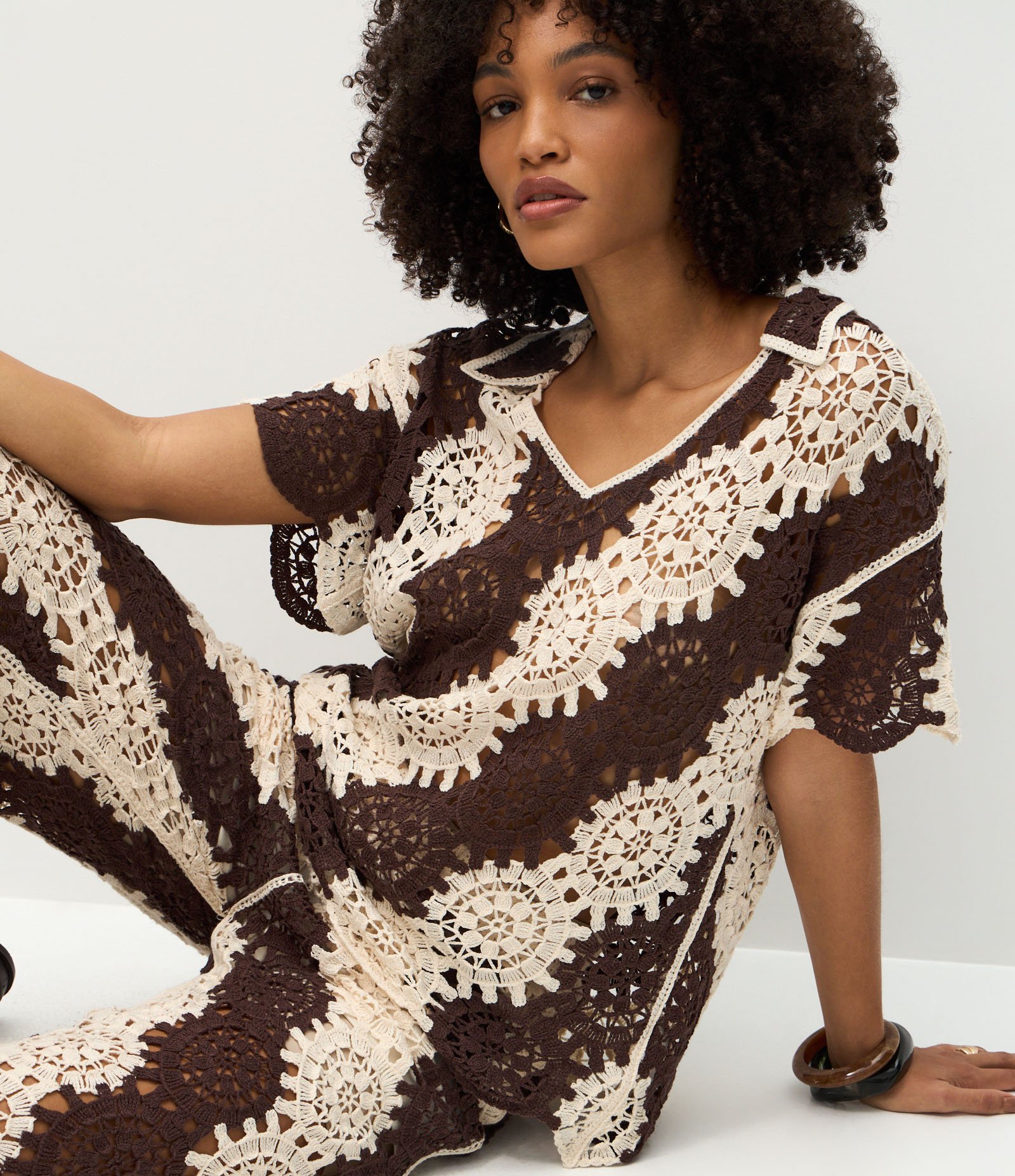 Blusa Alongada de Tricô com Mix em Pontos Efeito Crochê Marrom 5