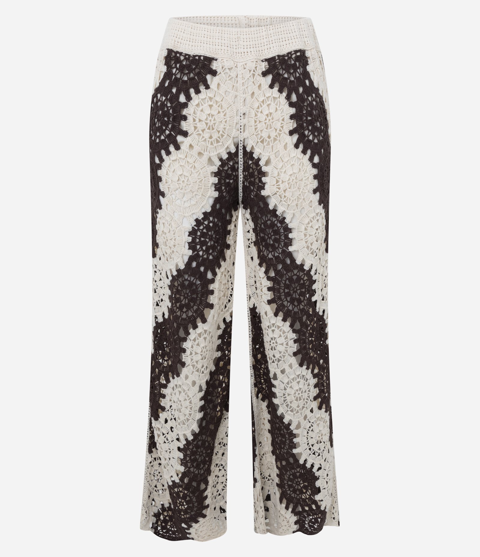 Calça Wide em Tricô Crochê Bicolor com Cós Elástico Marrom 6