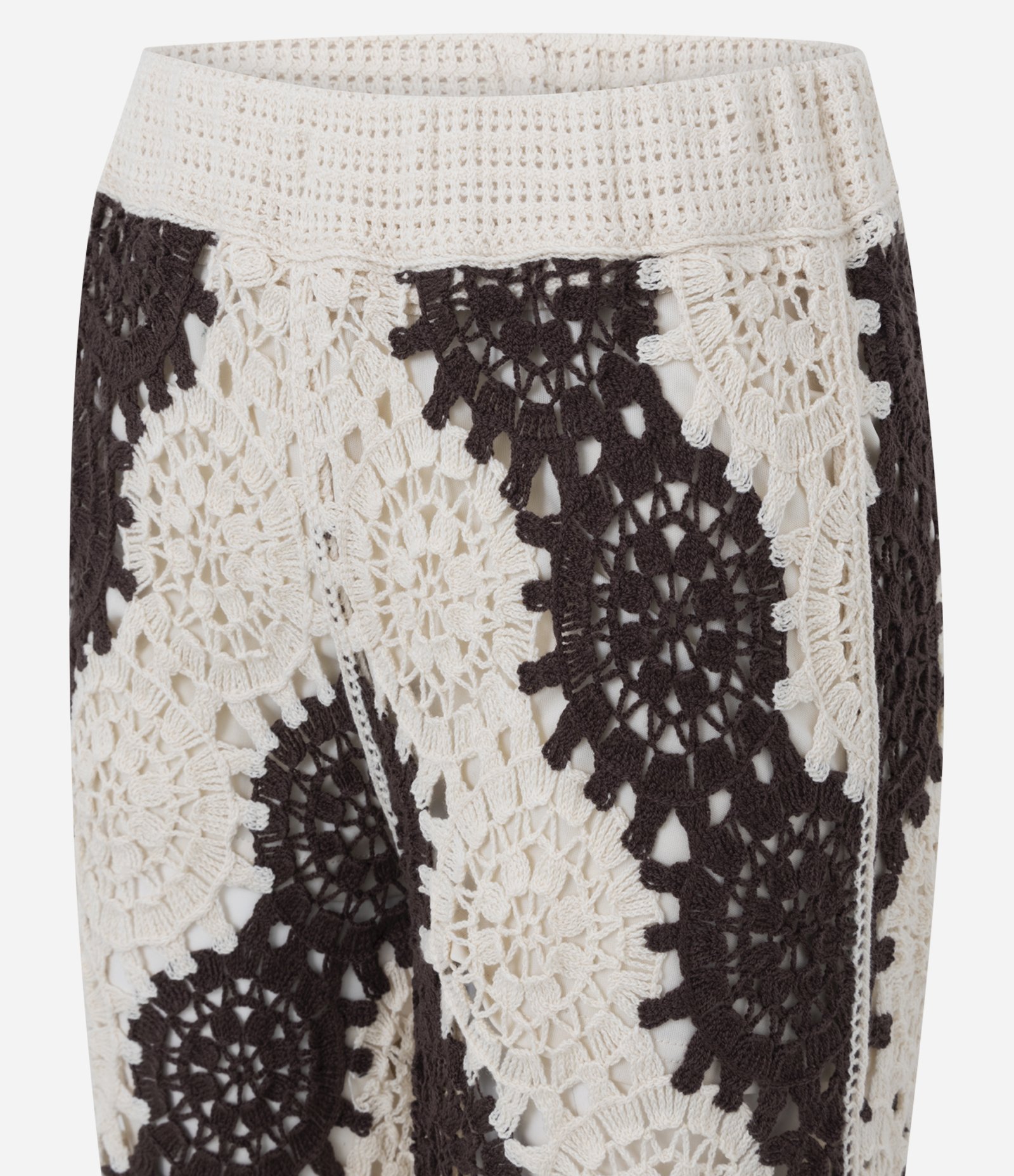 Calça Wide em Tricô Crochê Bicolor com Cós Elástico Marrom 7