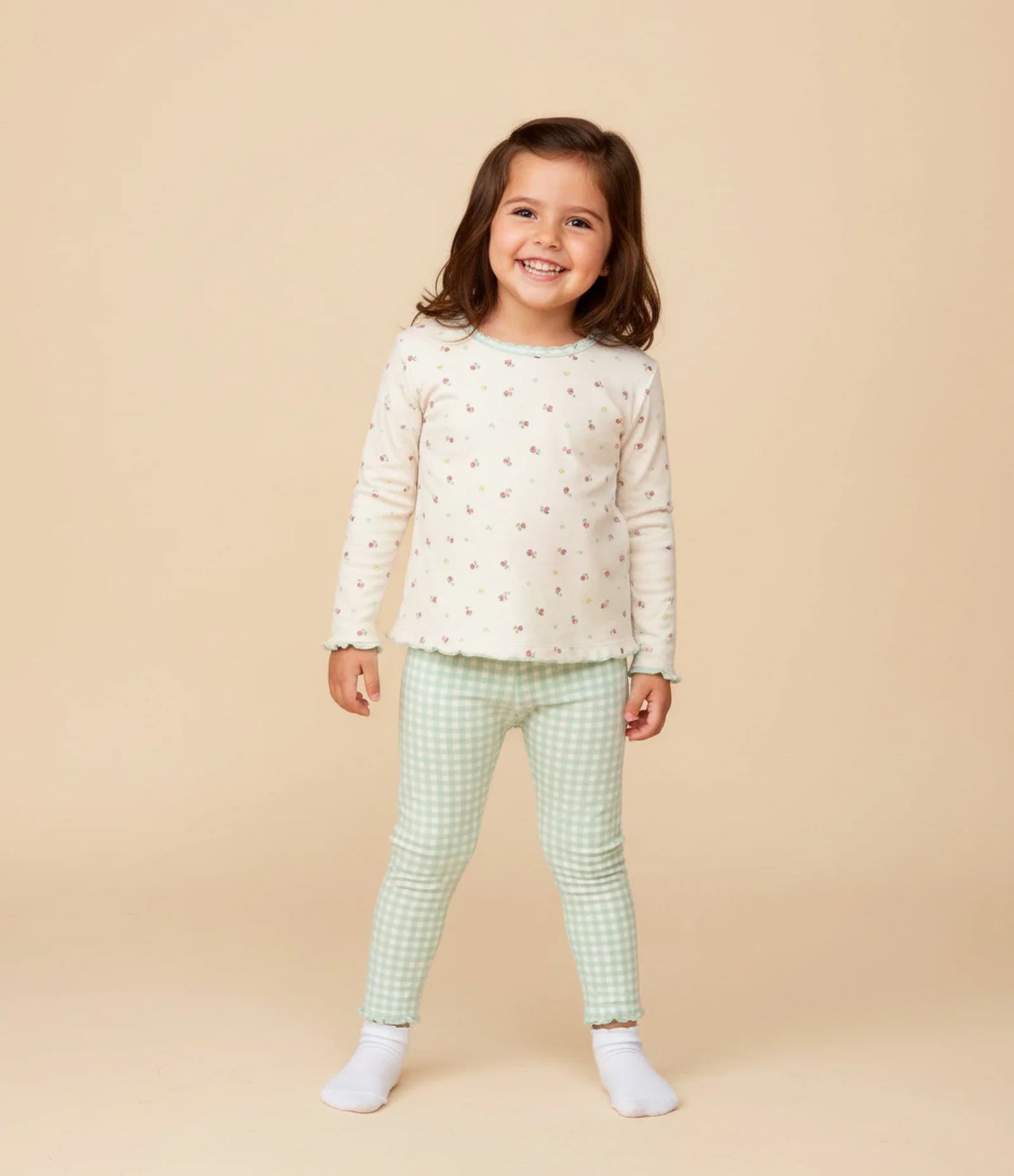 Pijama Infantil com Blusa Floral e Calça Xadrez – Tam 1 a 6 Anos Bege/Verde 1