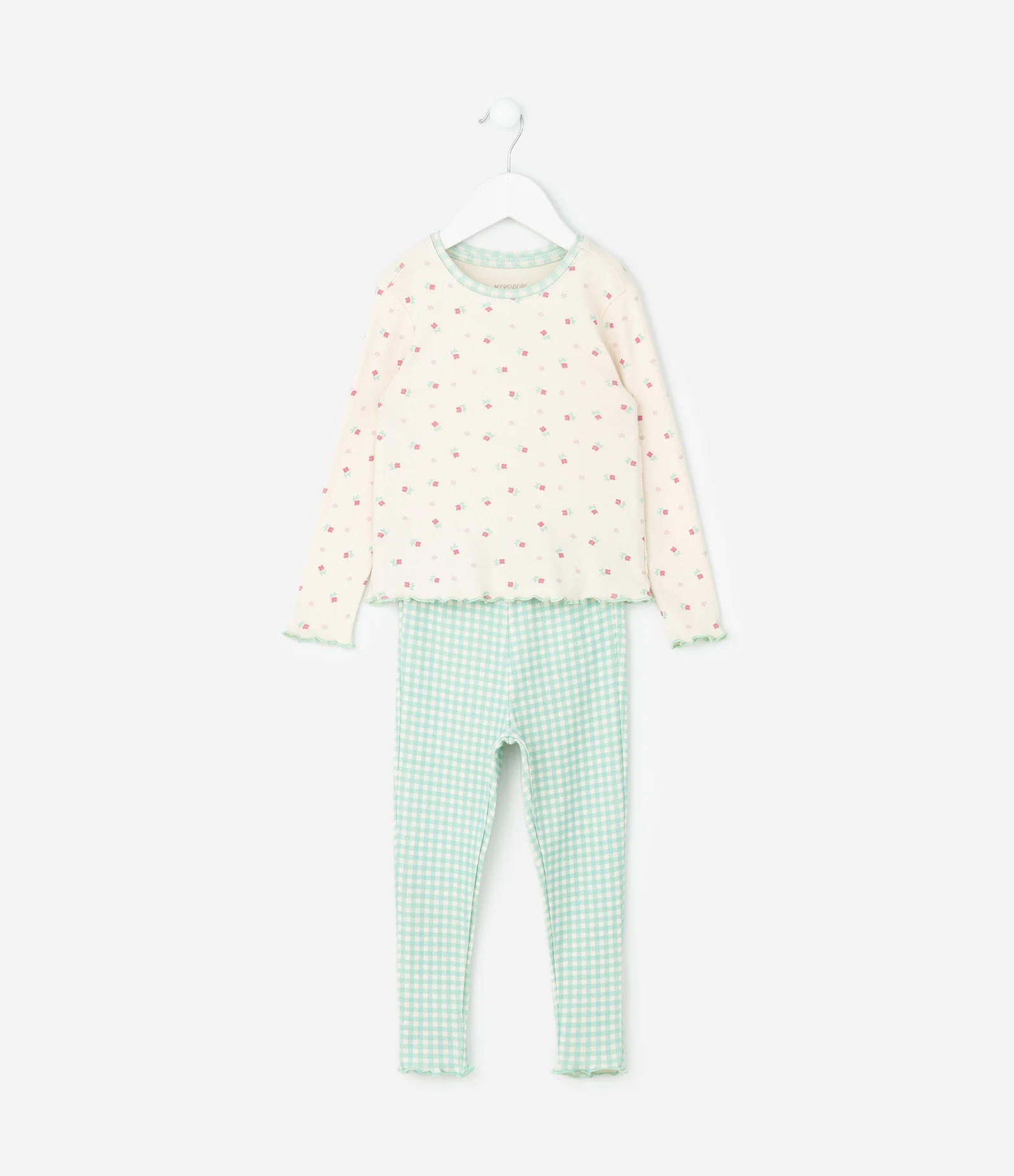 Pijama Infantil com Blusa Floral e Calça Xadrez – Tam 1 a 6 Anos Bege/Verde 2