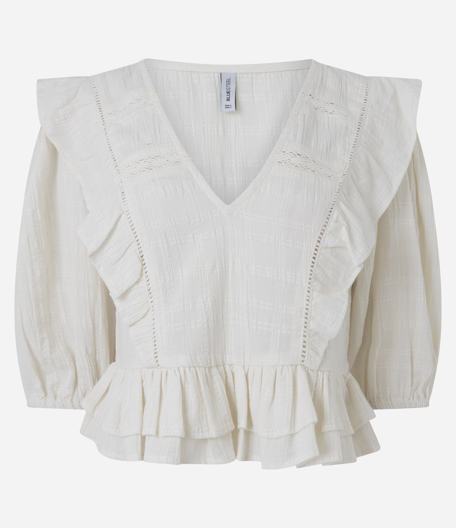 Blusa Curta Manga 3/4 com Detalhes em Renda e Babados Off White 1