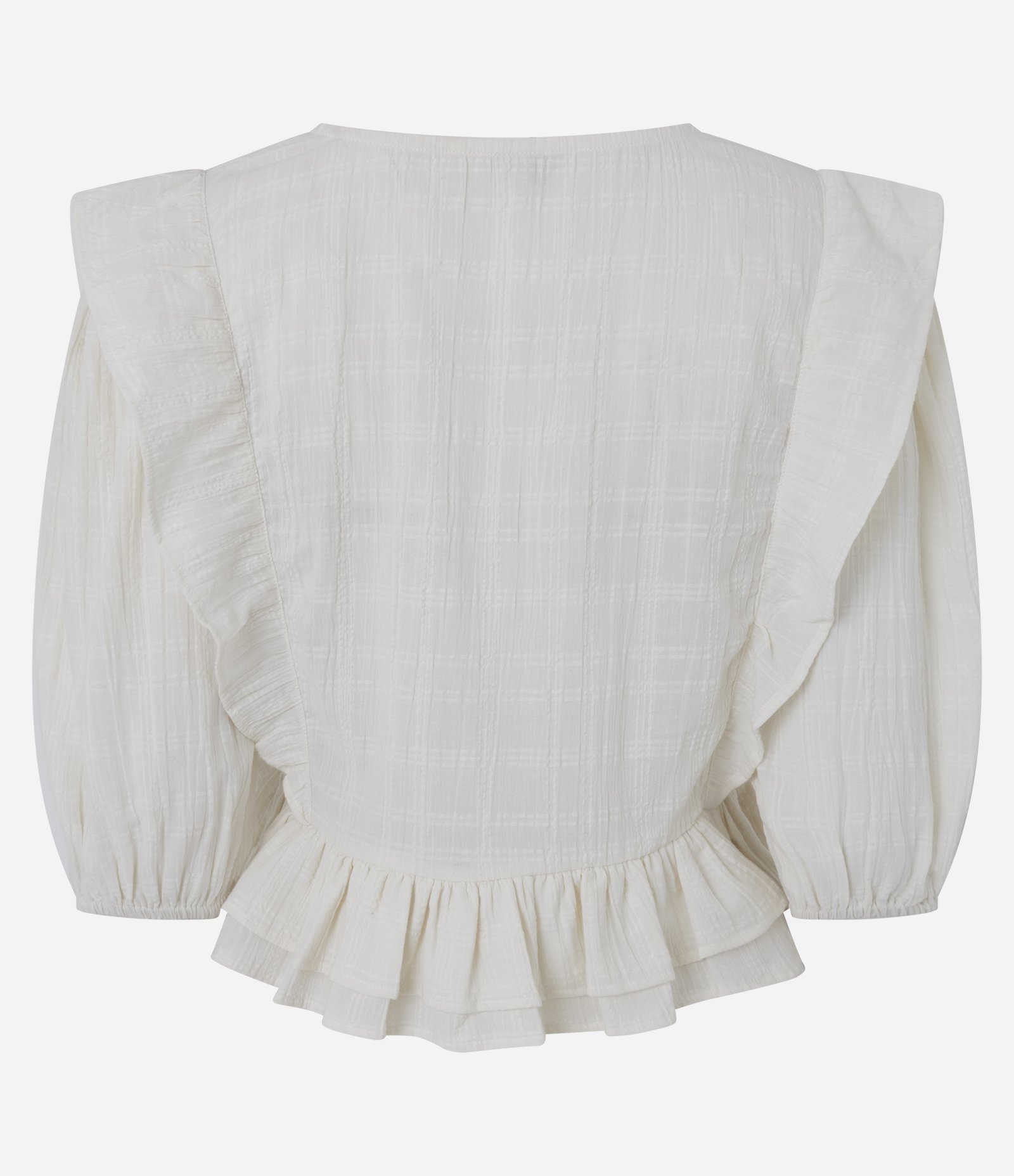 Blusa Curta Manga 3/4 com Detalhes em Renda e Babados Off White 3
