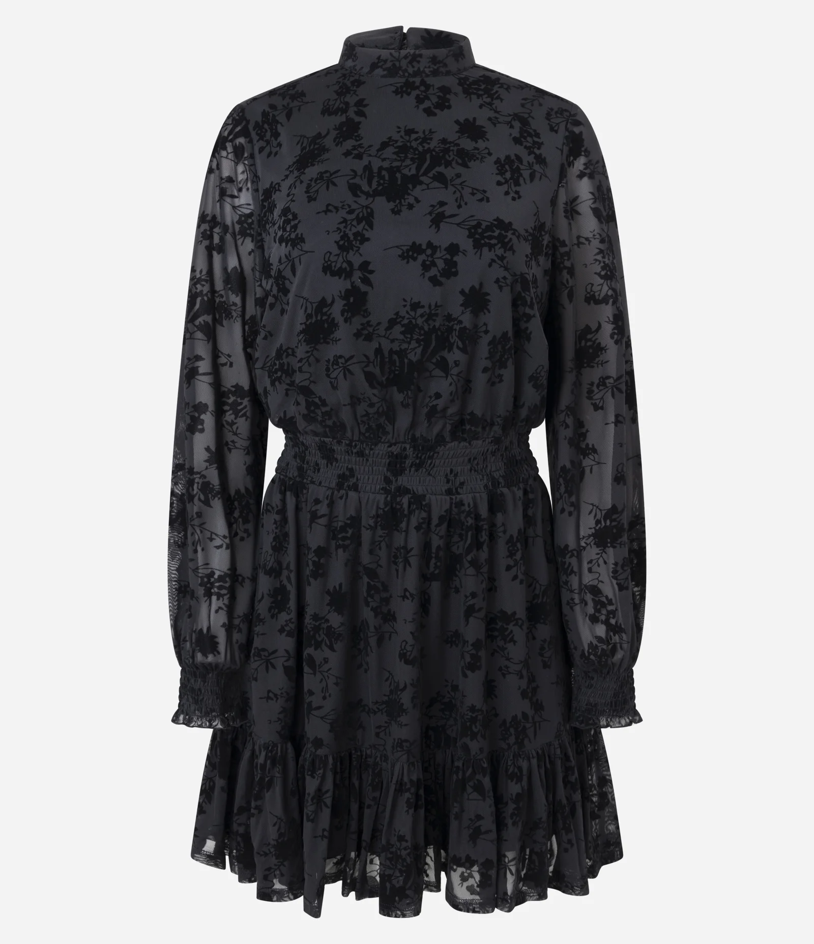 Vestido Curto em Tule Floral Flocado Preto 1