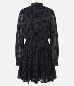 Vestido Curto em Tule Floral Flocado