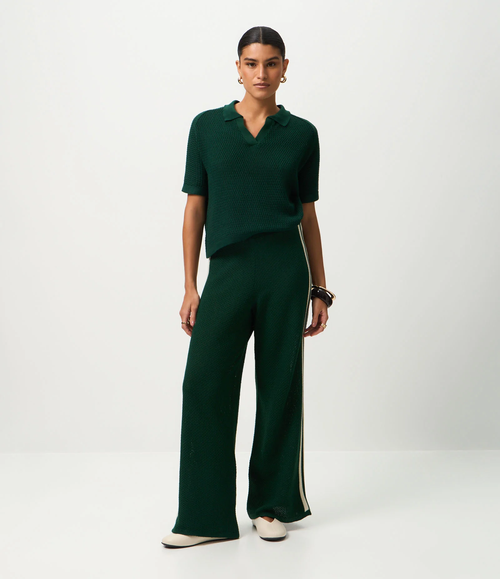 Calça Wide Leg em Tricô com Viés Contrastantes Verde 1