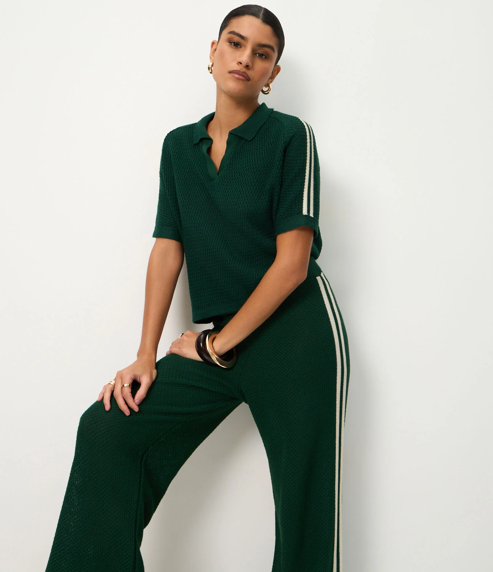 Calça Wide Leg em Tricô com Viés Contrastantes Verde 2