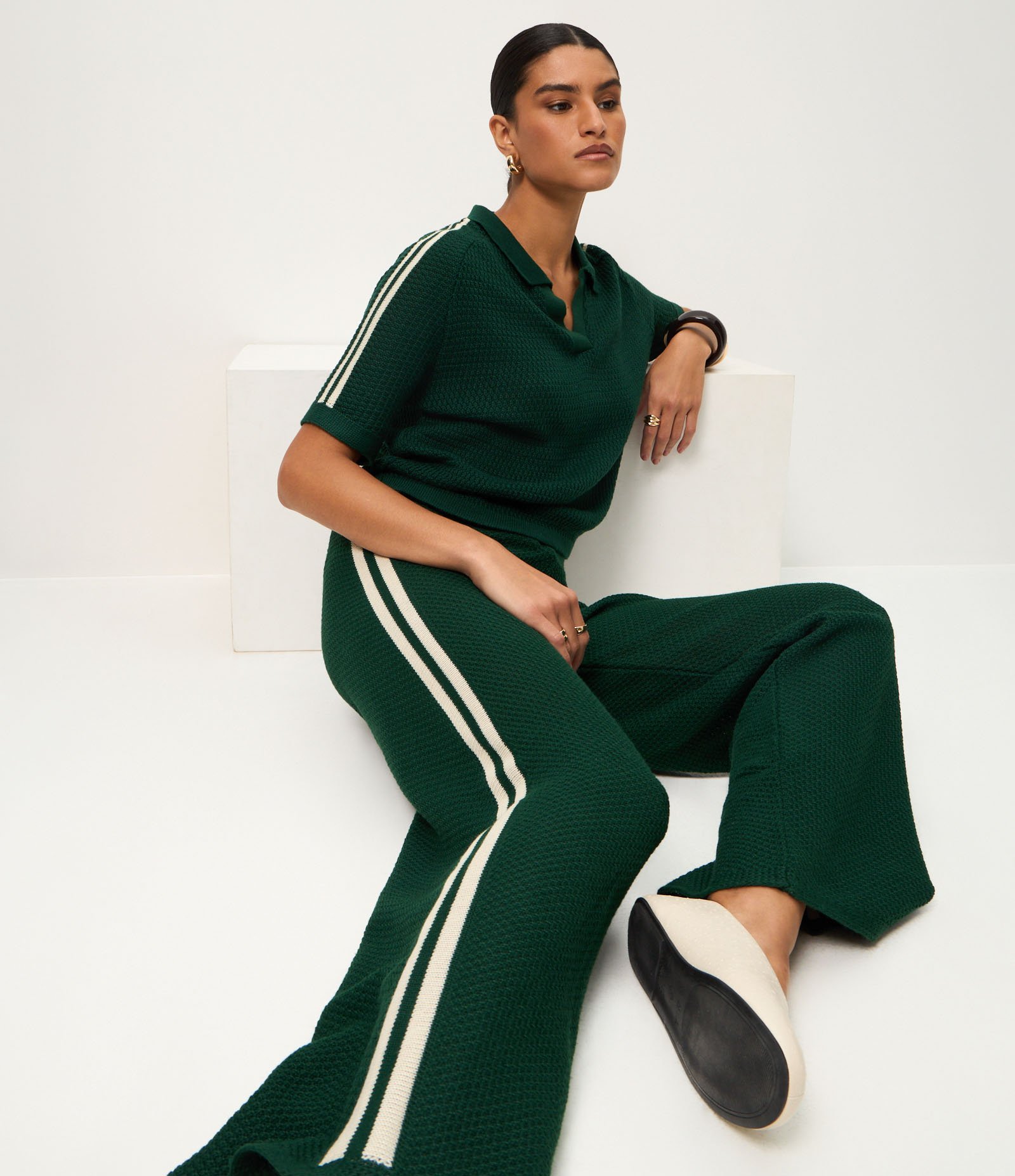 Calça Wide Leg em Tricô com Viés Contrastantes Verde 5