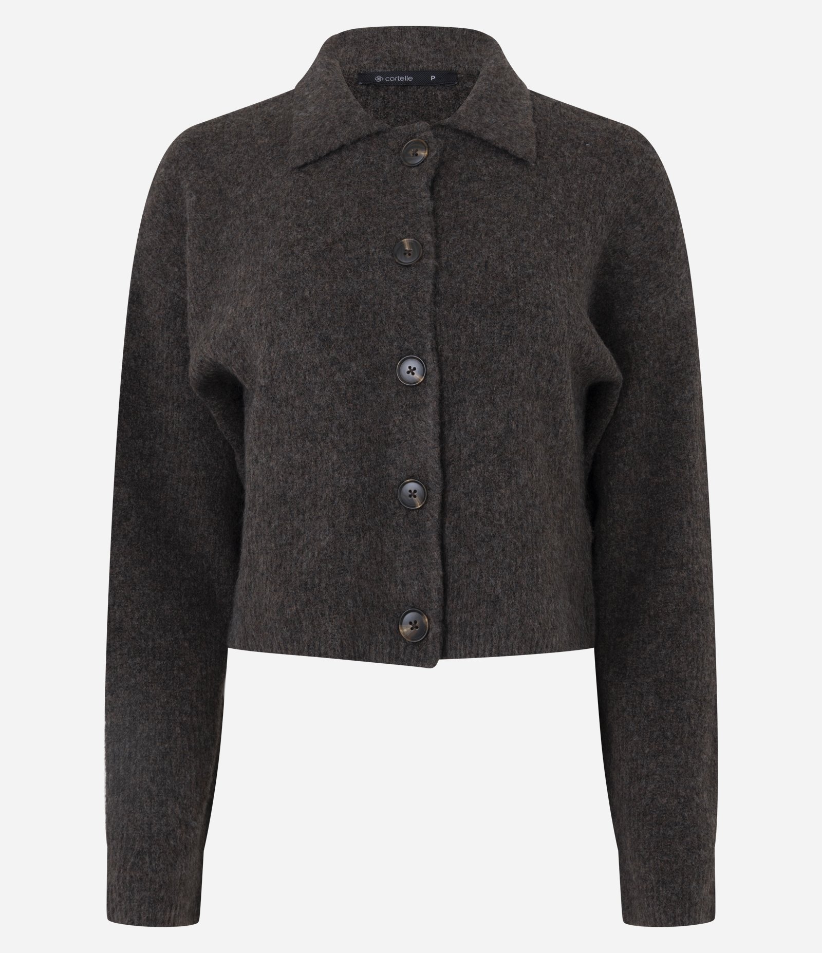 Cardigan Curto em Tricô com Gola Polo Marrom 1