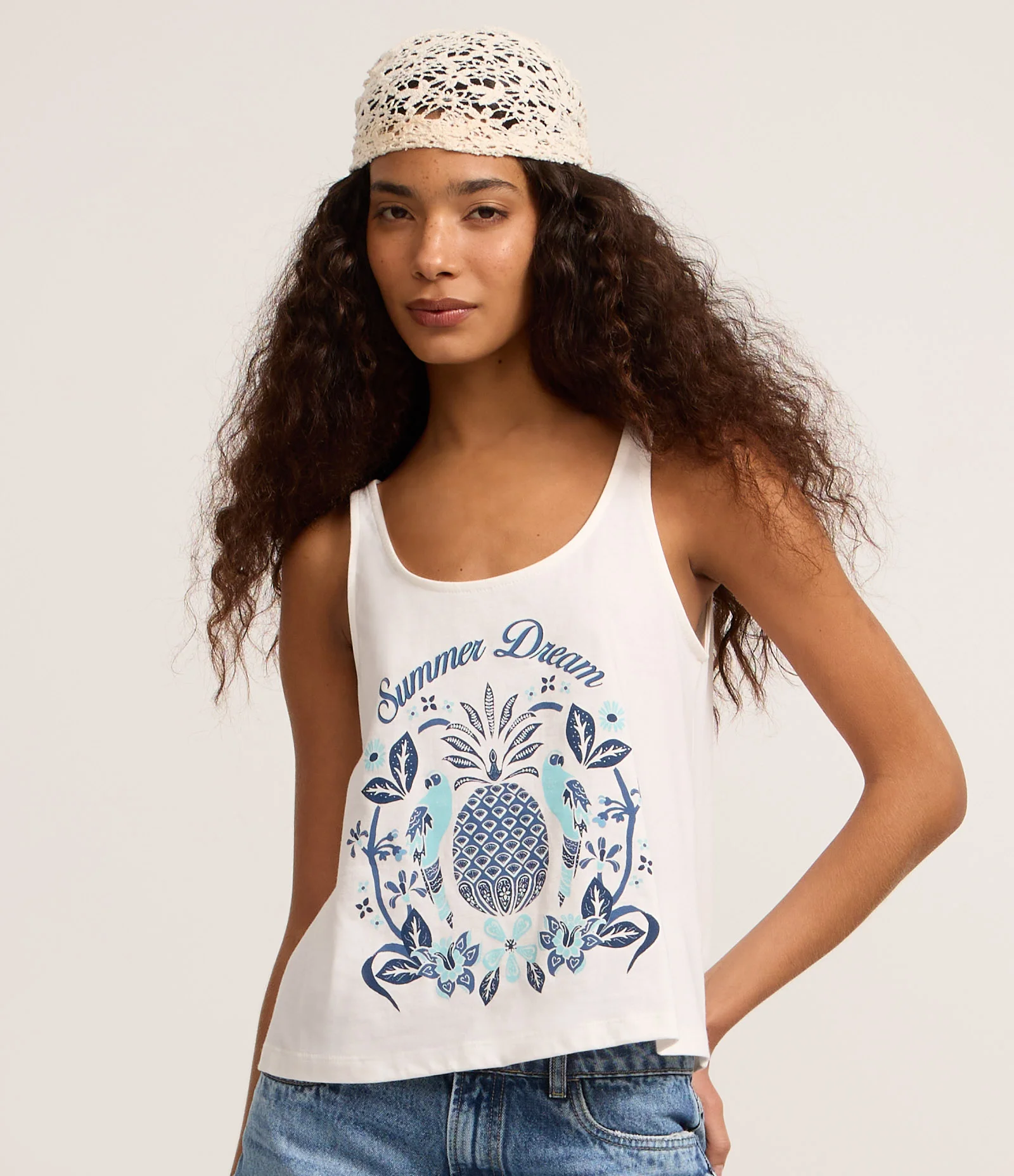 Regata em Algodão com Estampa Tropical e Lettering Summer Dream Branco 1