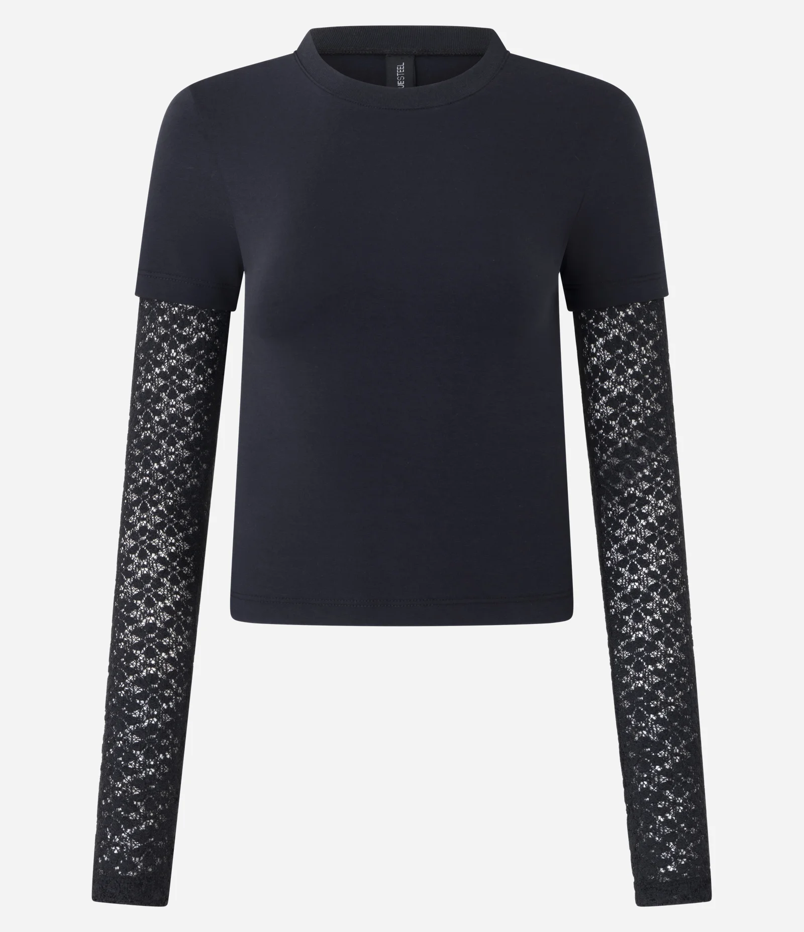 Blusa Baby Look com Sobreposição de Mangas em Renda Preto 1