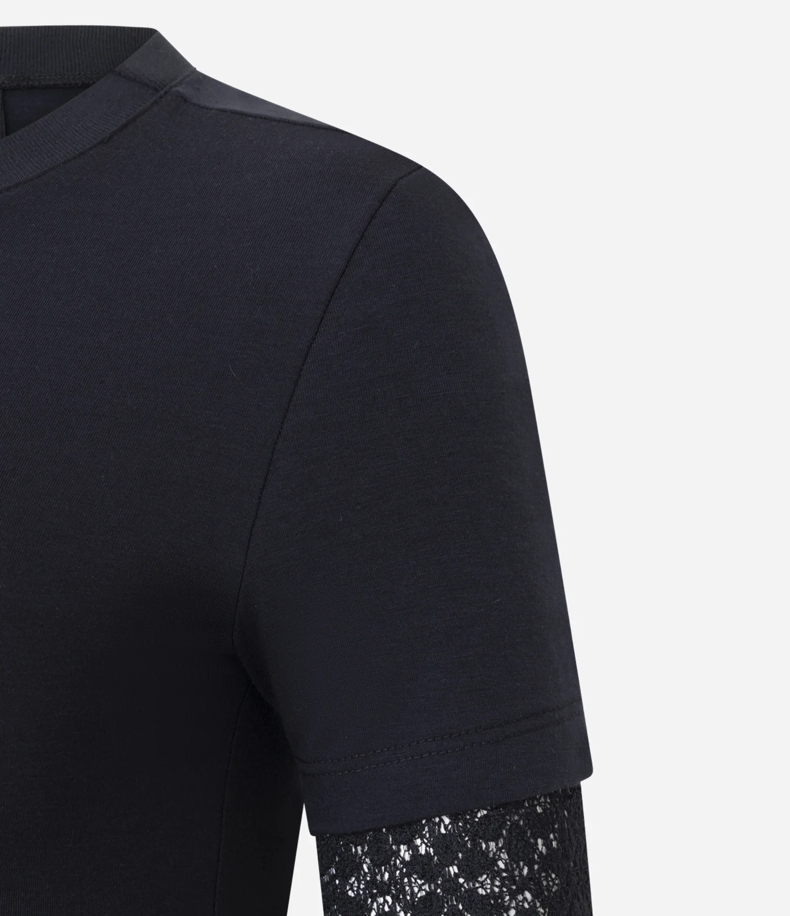 Blusa Baby Look com Sobreposição de Mangas em Renda Preto 2