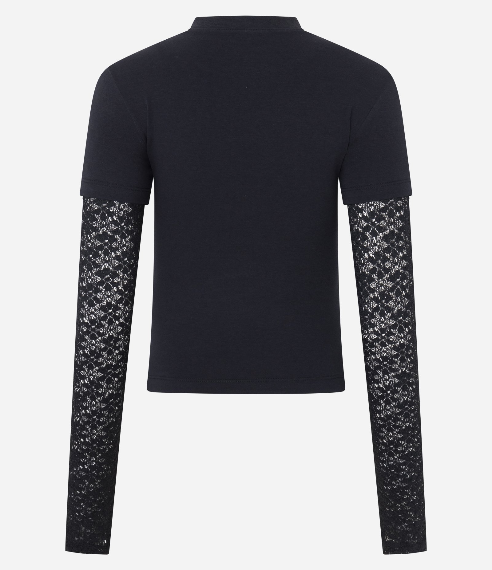 Blusa Baby Look com Sobreposição de Mangas em Renda Preto 5