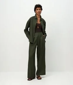 Calça Reta em Linho com Cós Elástico