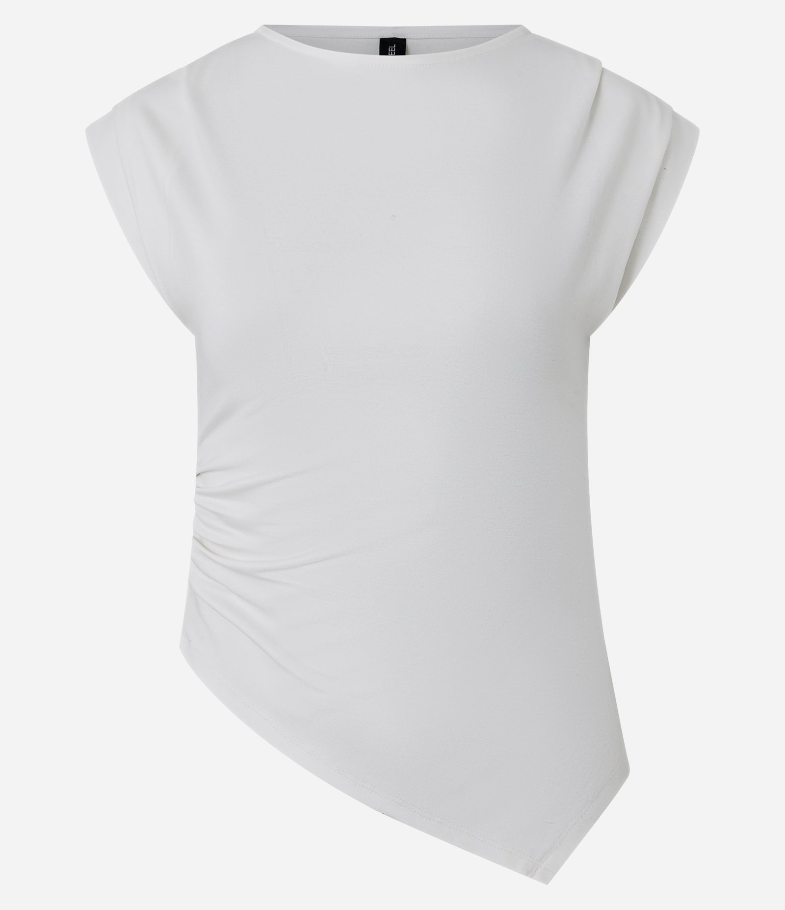 Blusa em Ponto Roma com Efeito Drapeado nos Ombros e Barra Assimétrica Branco 1
