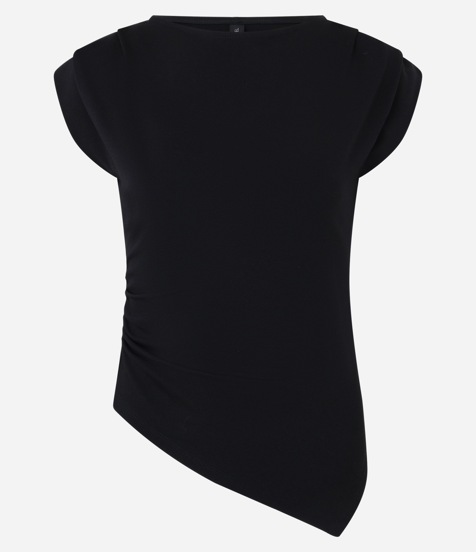 Blusa em Ponto Roma com Efeito Drapeado nos Ombros e Barra Assimétrica Preto 4