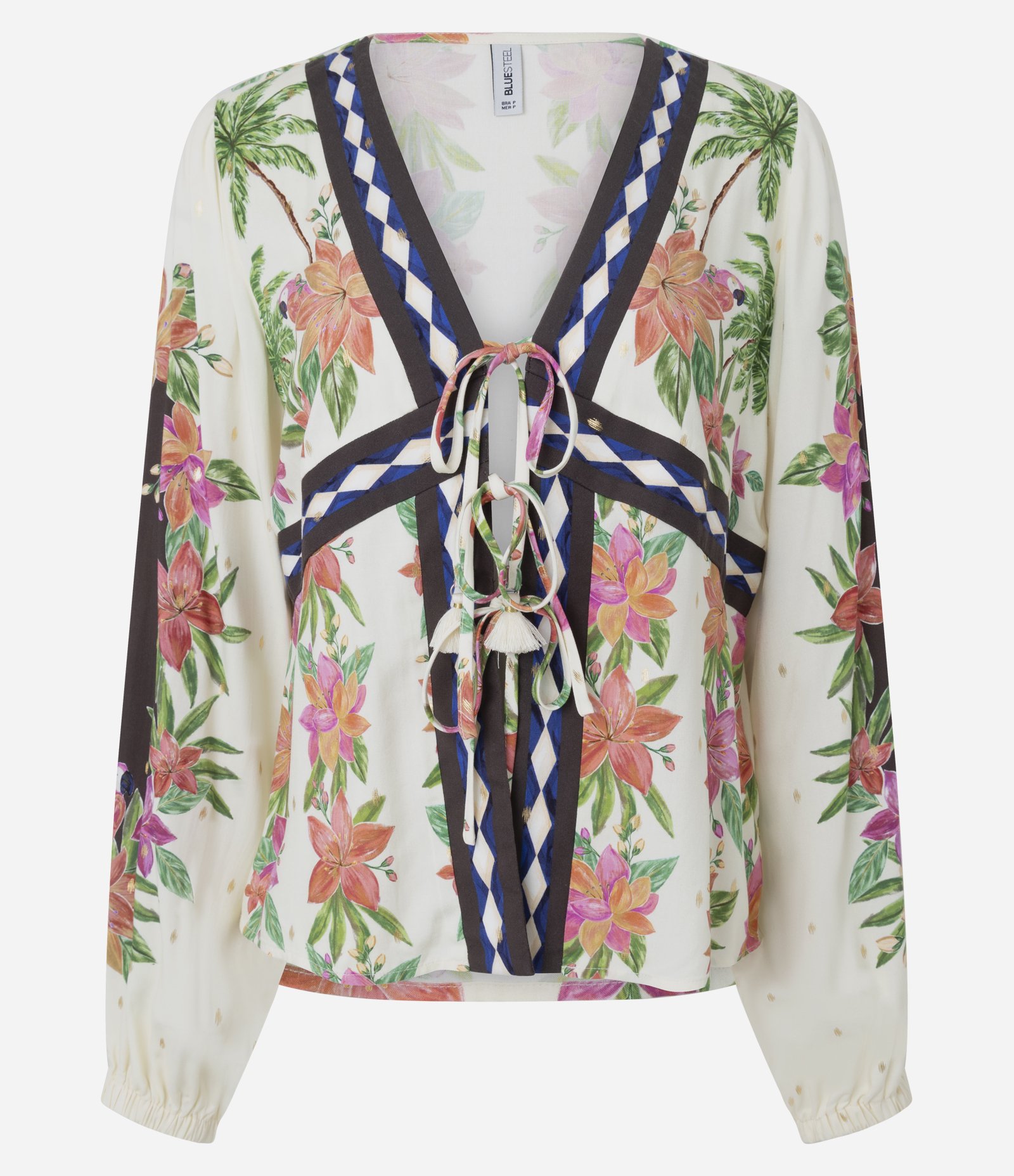 Blusa Bata em Viscose com Estampa Floral e Amarração Off White 1