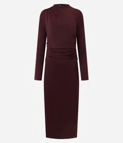 Vestido Midi Manga Longa com Pregas no Ombro