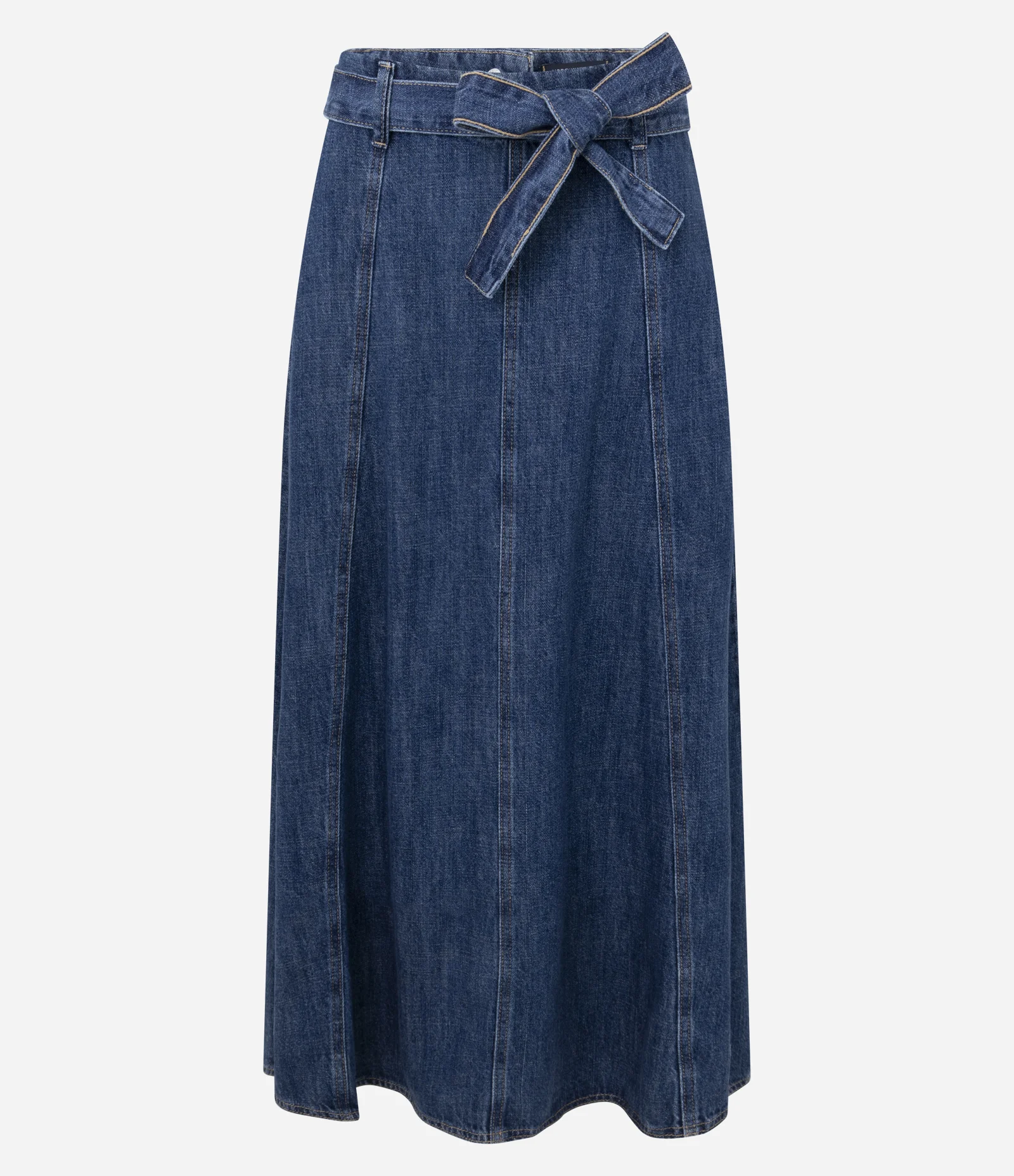 Saia Evasê em Jeans com Cinto e Recortes Longos Azul Marinho 1