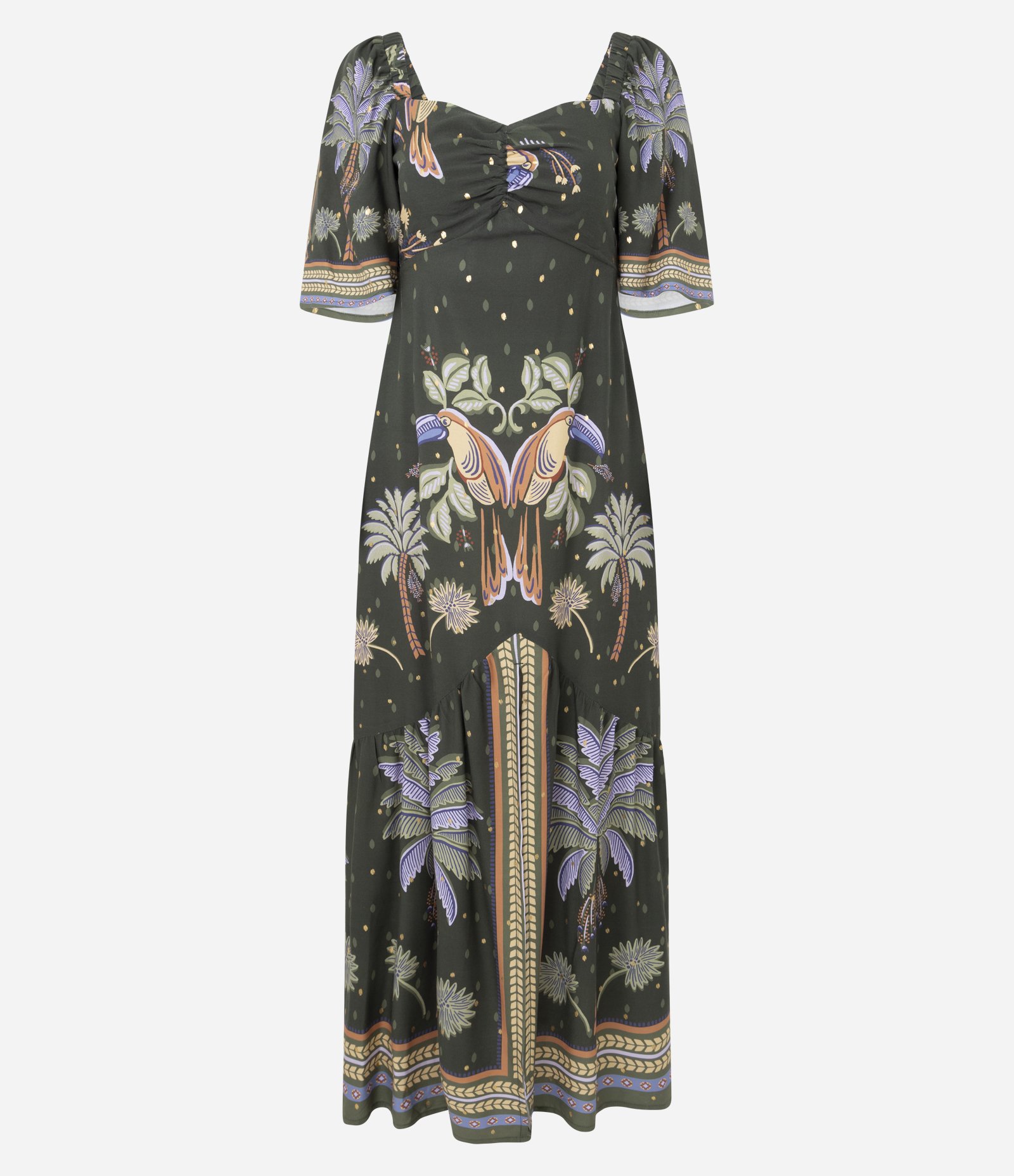 Vestido Midi em Viscose com Estampa Coqueiro e Brilhos Verde 1