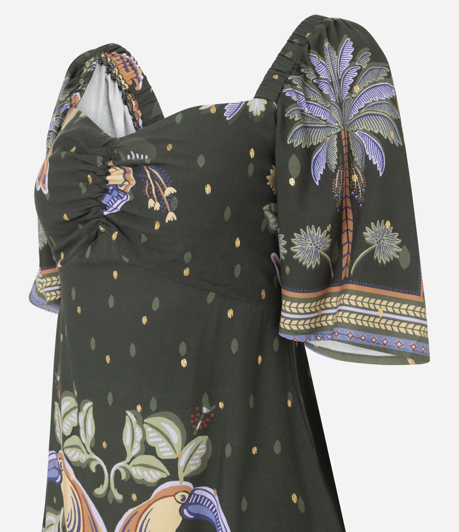 Vestido Midi em Viscose com Estampa Coqueiro e Brilhos Verde 2