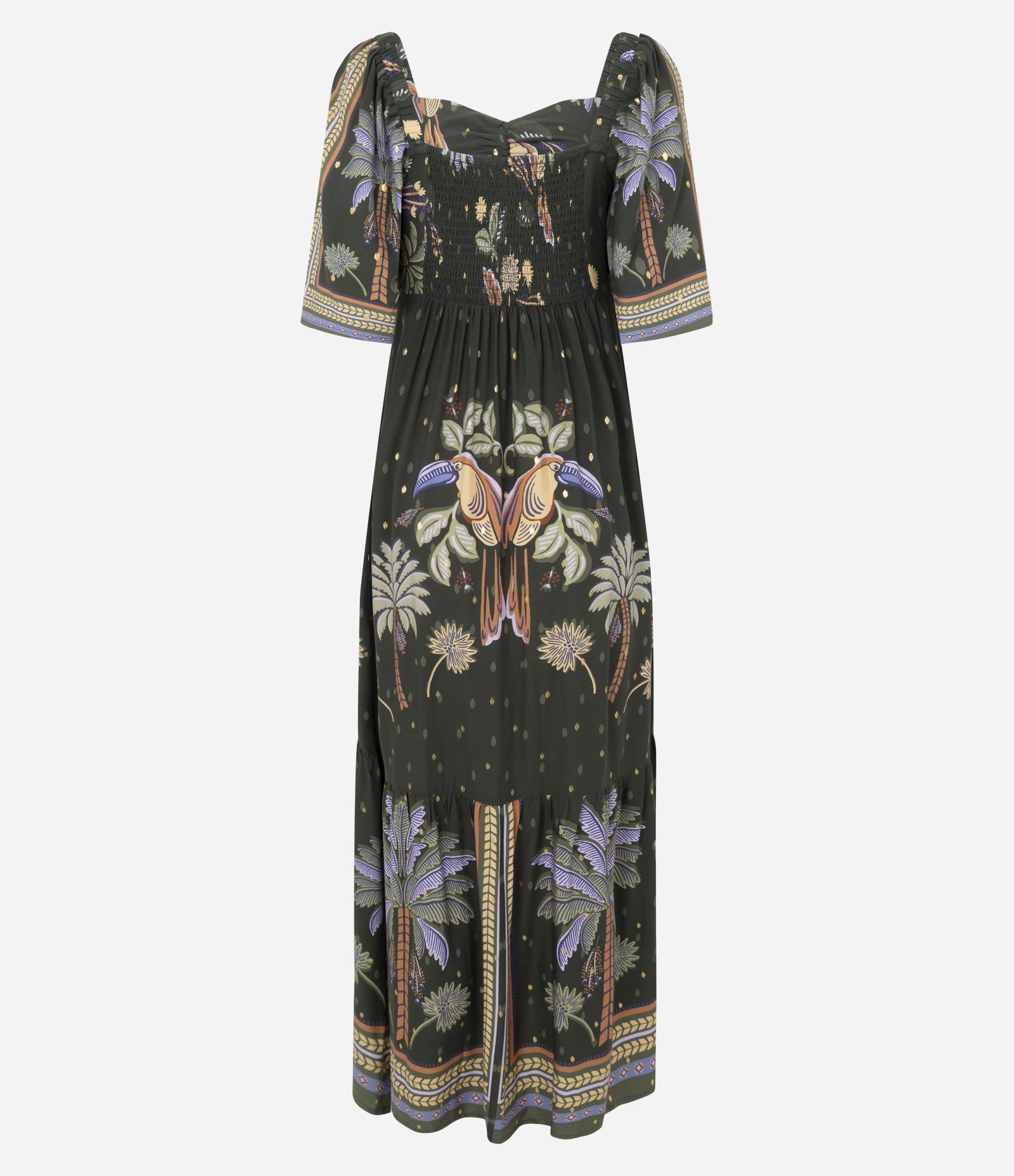 Vestido Midi em Viscose com Estampa Coqueiro e Brilhos Verde 3