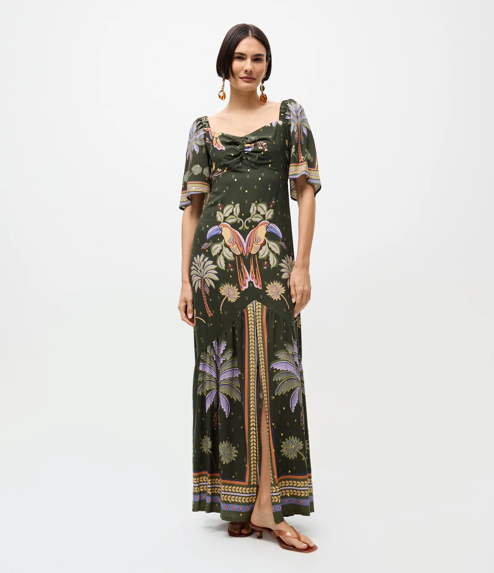 Vestido Midi em Viscose com Estampa Coqueiro e Brilhos Verde 1