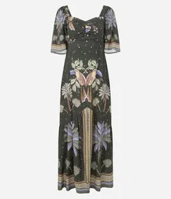 Vestido Midi em Viscose com Estampa Coqueiro e Brilhos
