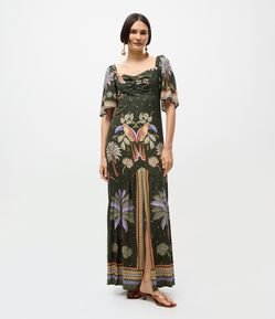 Vestido Midi em Viscose com Estampa Coqueiro e Brilhos