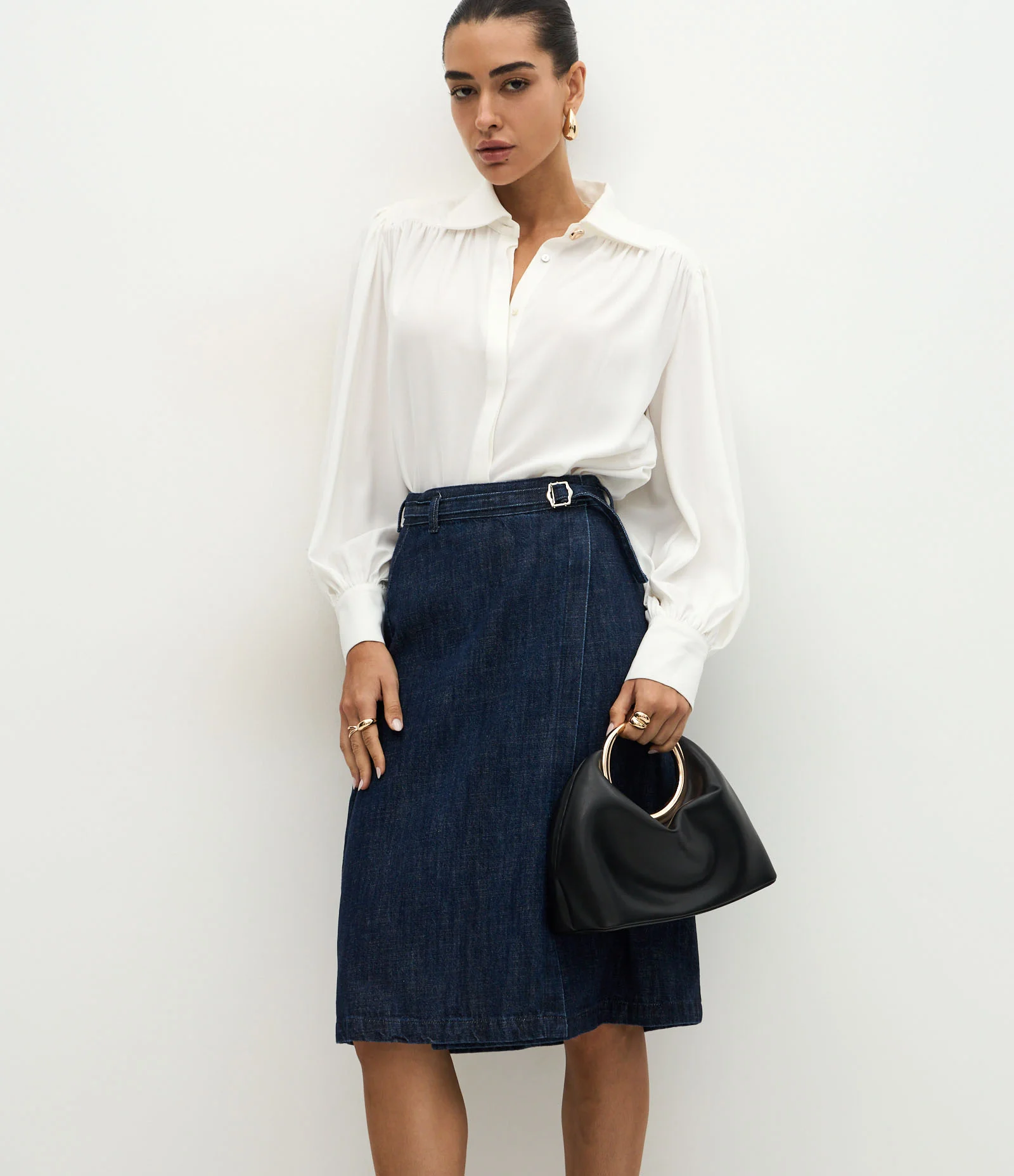 Saia Midi em Jeans com Fivela e Cintura Alta Azul Escuro 2