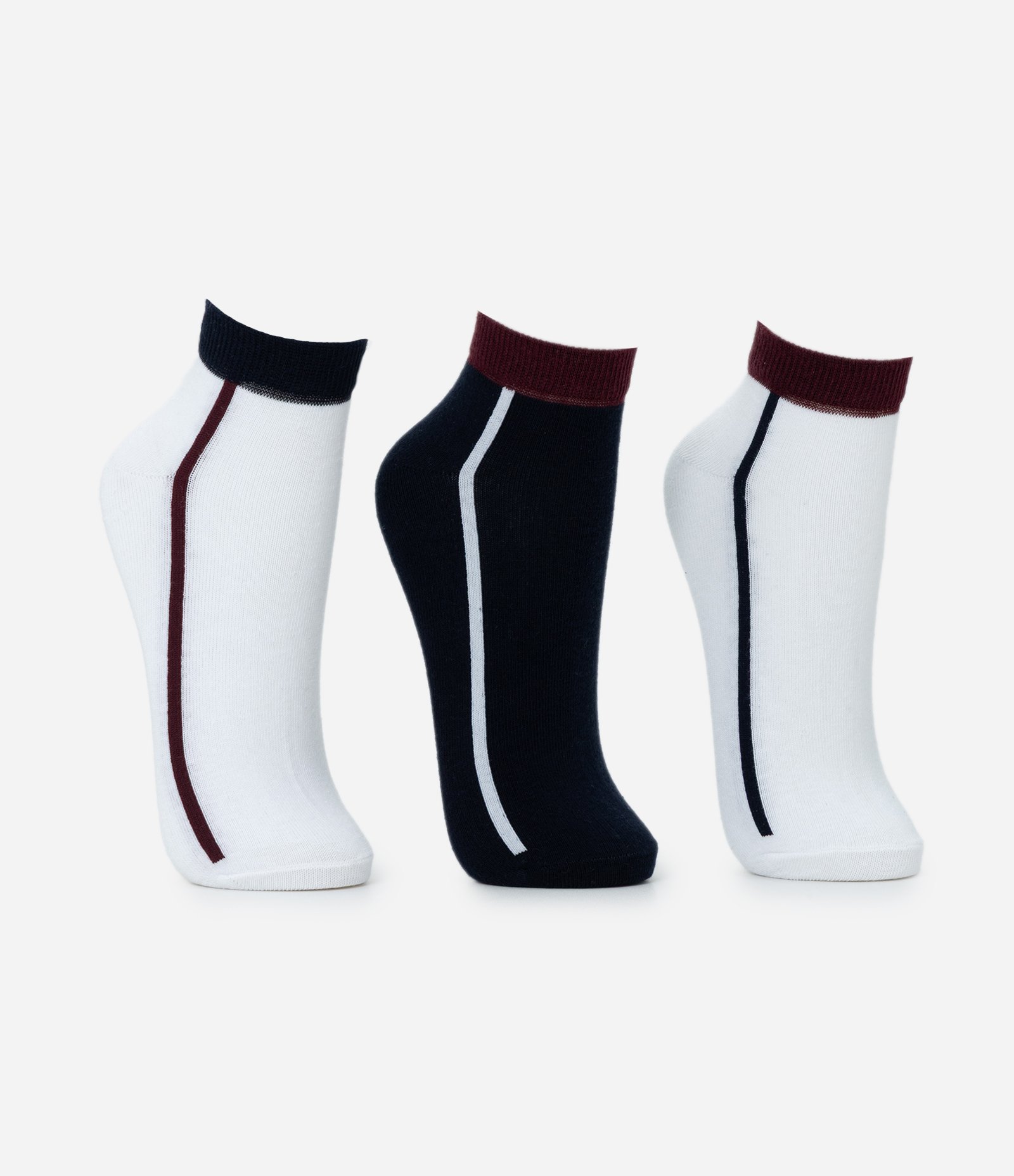 Kit 03 Meias Cano Baixo Esportivas em Algodão com Listras Laterais Branco/Preto 2