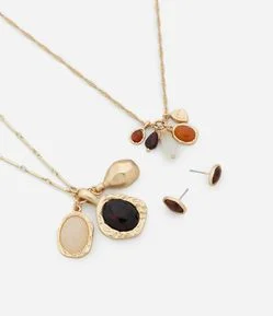 Conjunto de Colar Camadas e Brinco Pequeno Resinado
