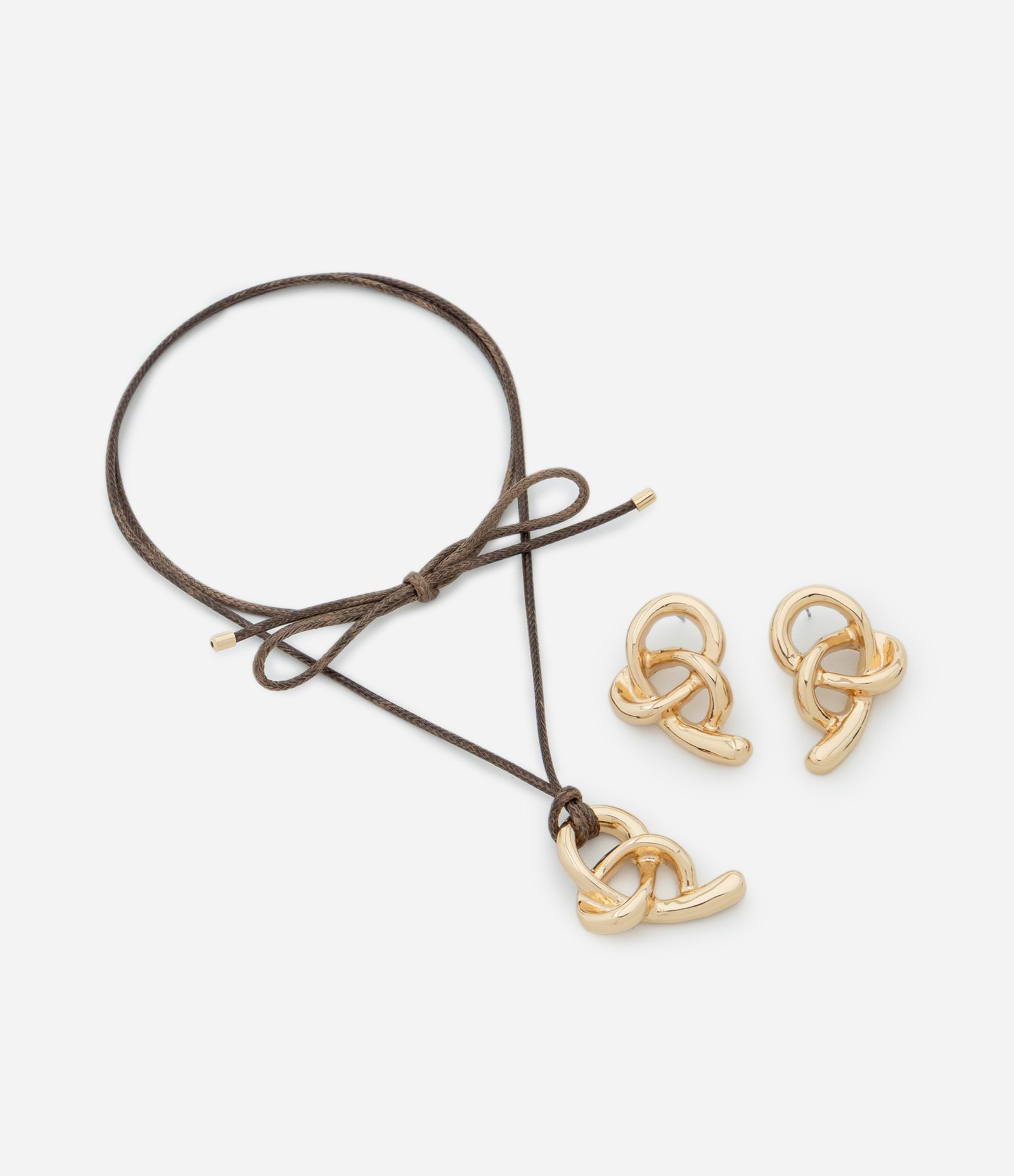 Conjunto de Colar Cordão e Brincos com Pingente de Nó Dourado 2