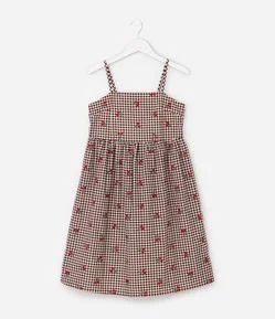 Vestido Infantil em Xadrez Vichy com Bordado de Cerejinhas – Tam 5 a 14 Anos