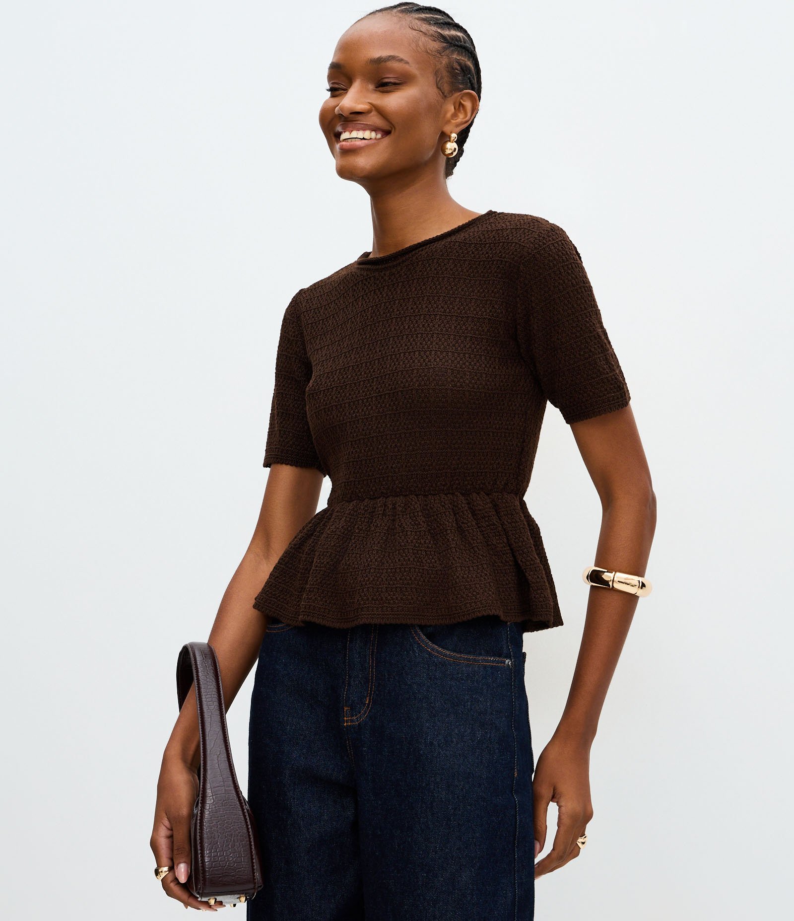 Blusa Peplum Estruturada em Tricô Marrom 1