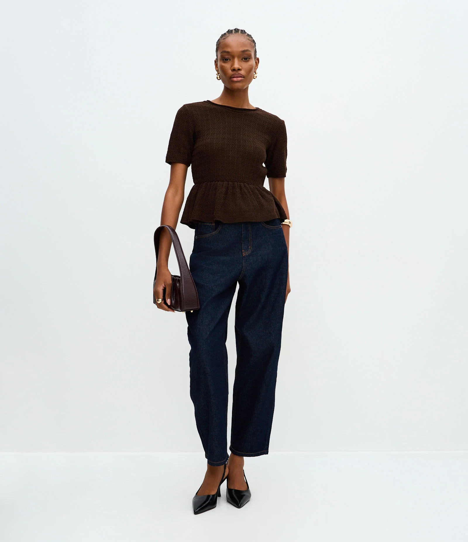 Blusa Peplum Estruturada em Tricô Marrom 2