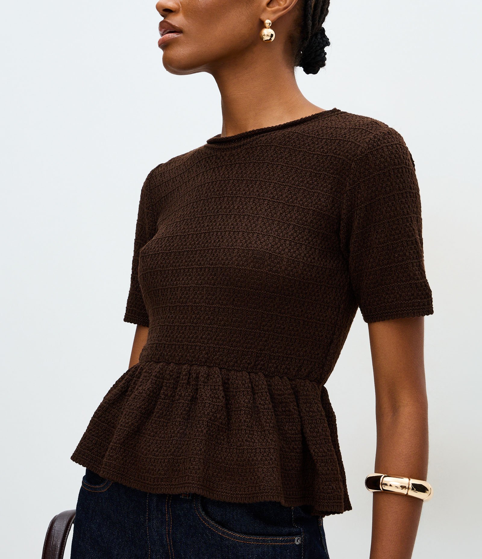 Blusa Peplum Estruturada em Tricô Marrom 4