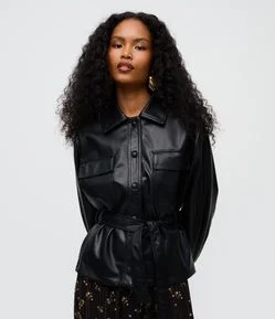 Jaqueta PU Balloon com Cinto e Gola Polo