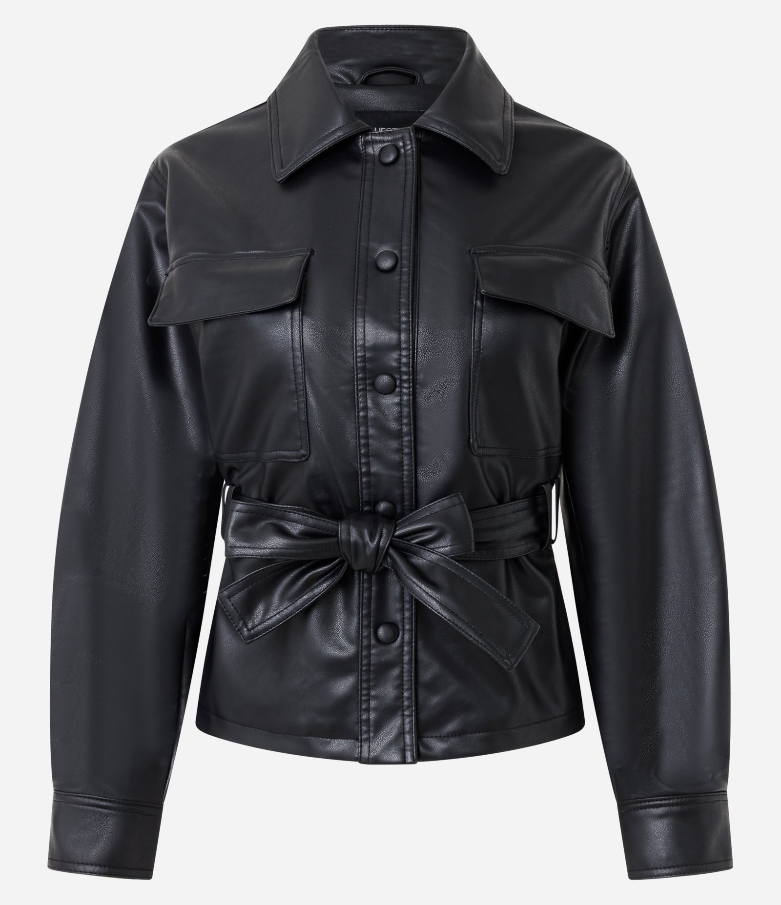 Jaqueta PU Balloon com Cinto e Gola Polo Preto 6