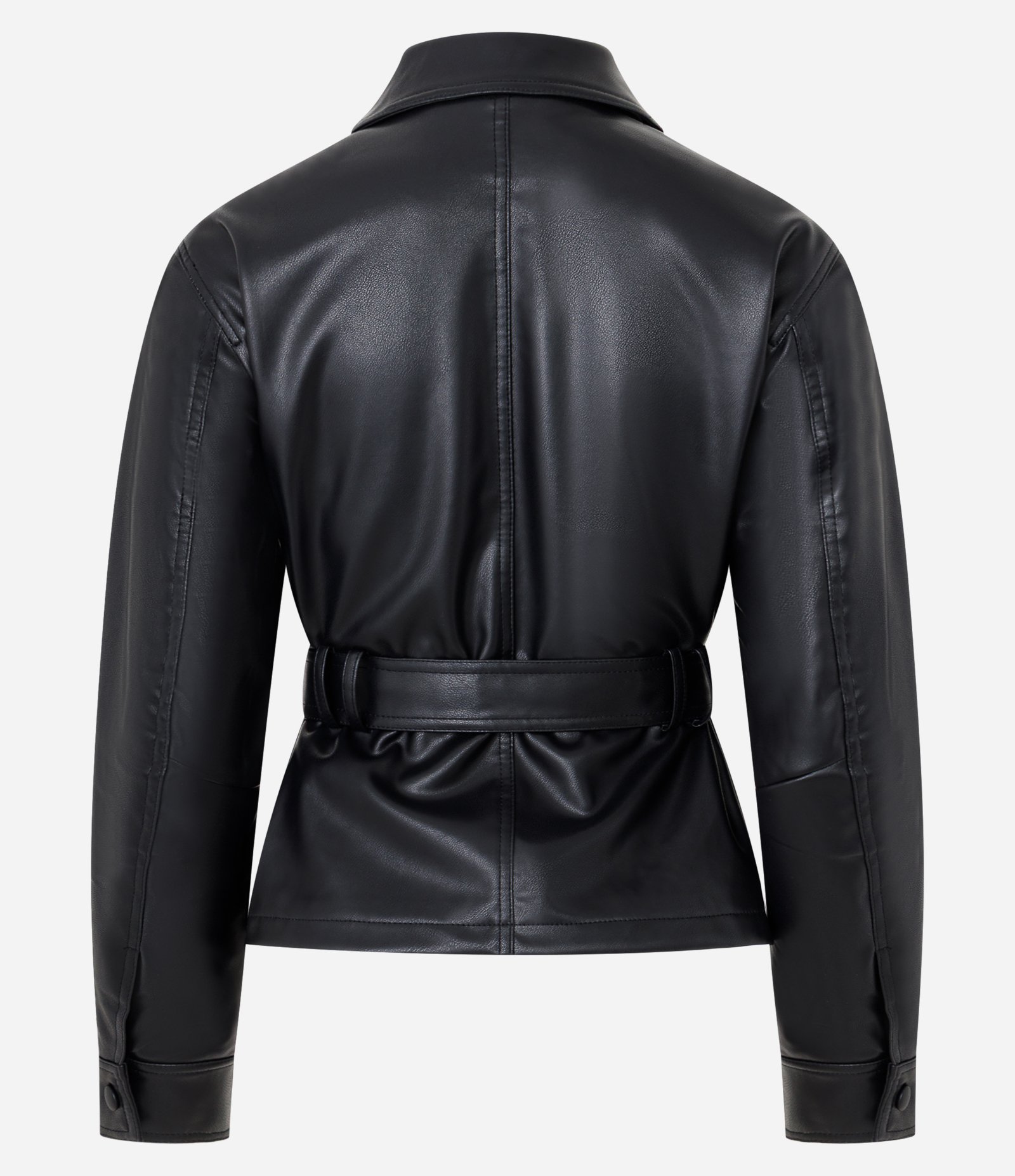 Jaqueta PU Balloon com Cinto e Gola Polo Preto 7