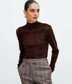 Blusa Manga Longa em Tule Aveludado com Gola Alta