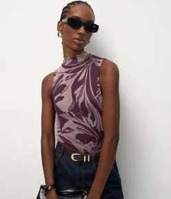 Blusa de Tule com Estampa Abstrata e Gola Média