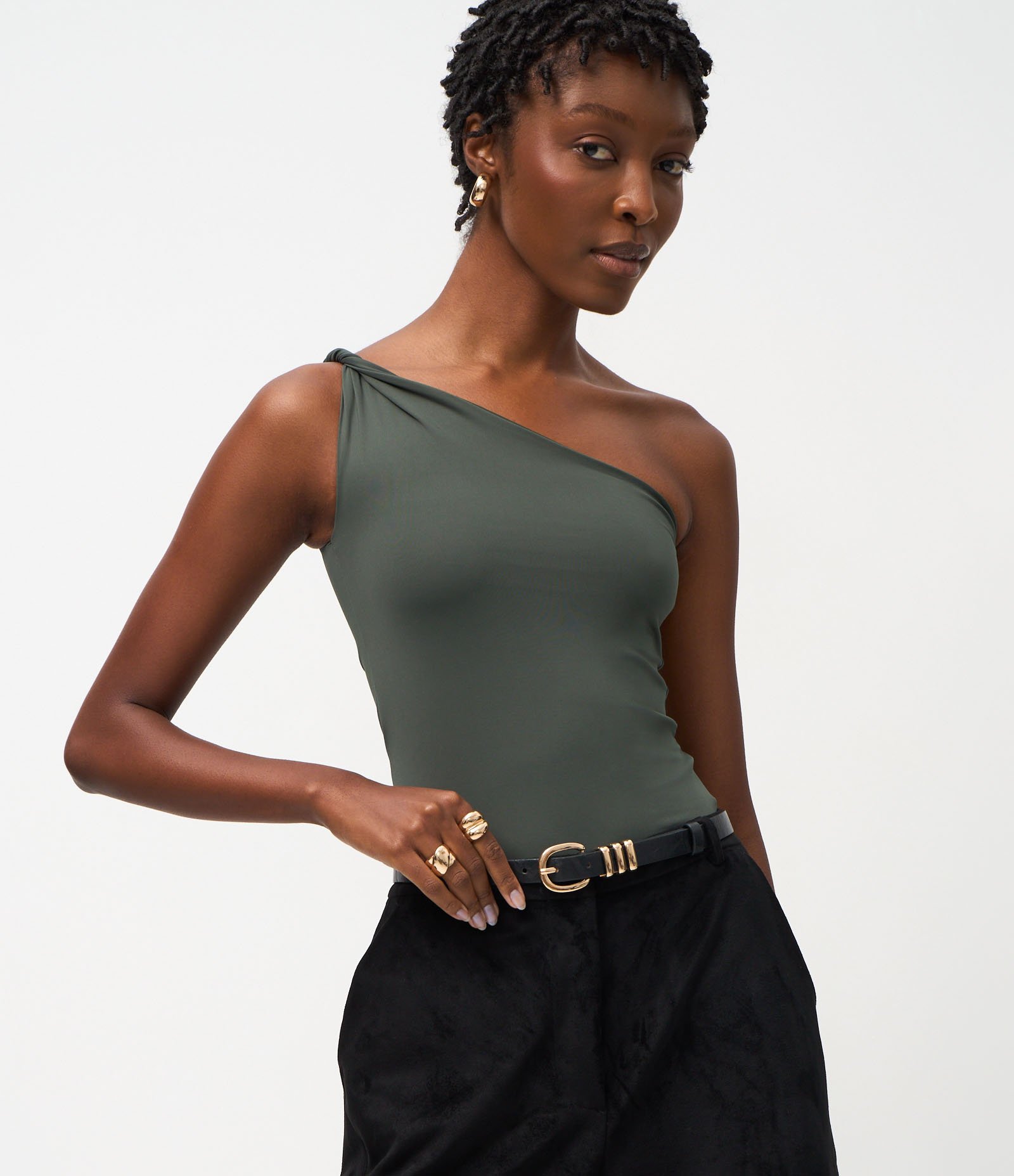 Body em Poliamida com Ombro Torcido Cinza 1