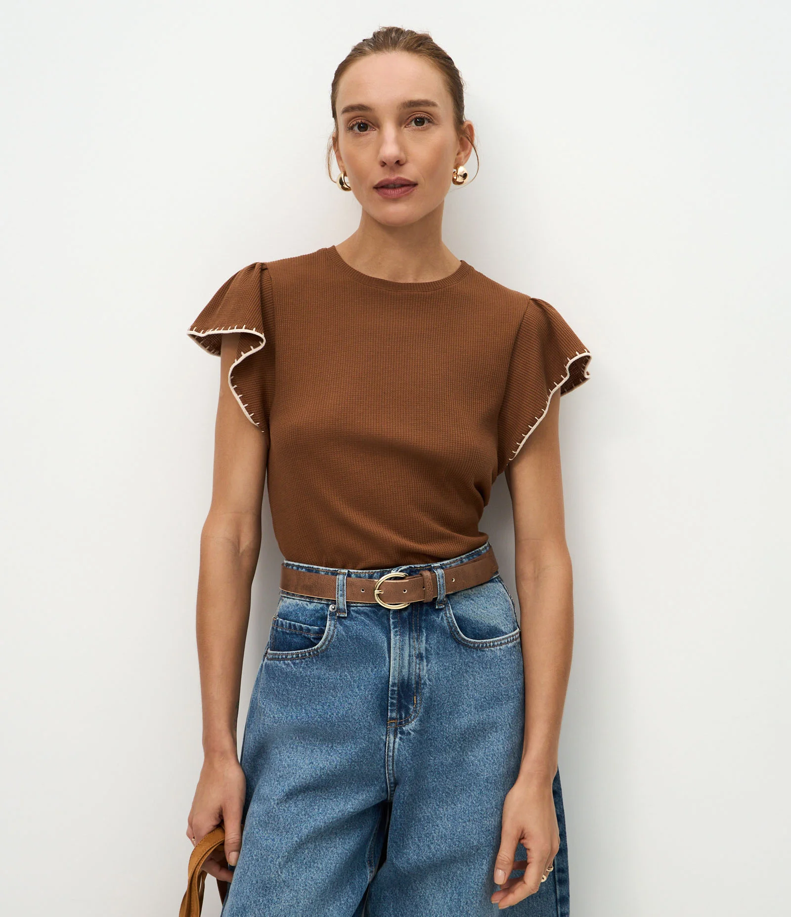 Blusa Manga Curta Texturizada com Bordado nas Mangas Marrom 2